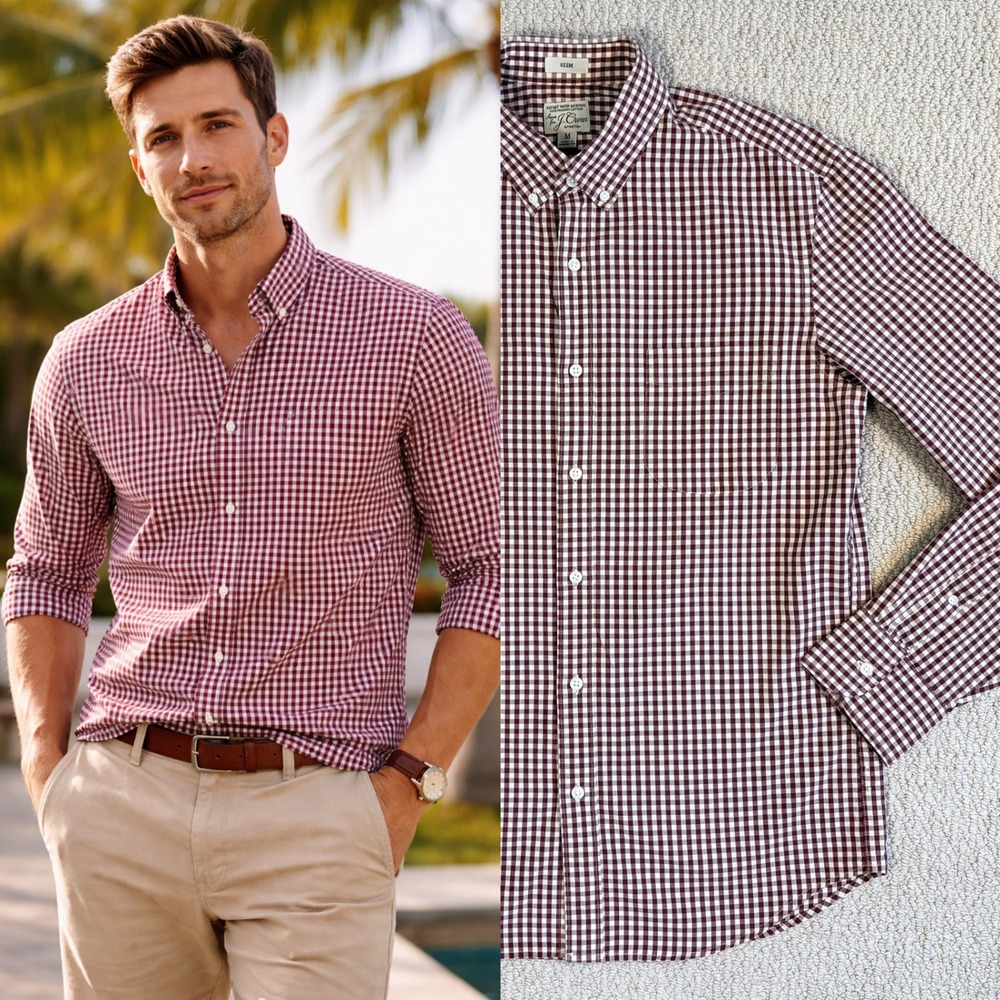 J.Crew‎ Mens Slim Secret Wash Organic Cotton Gingham Check Shirt Burgundy Medium